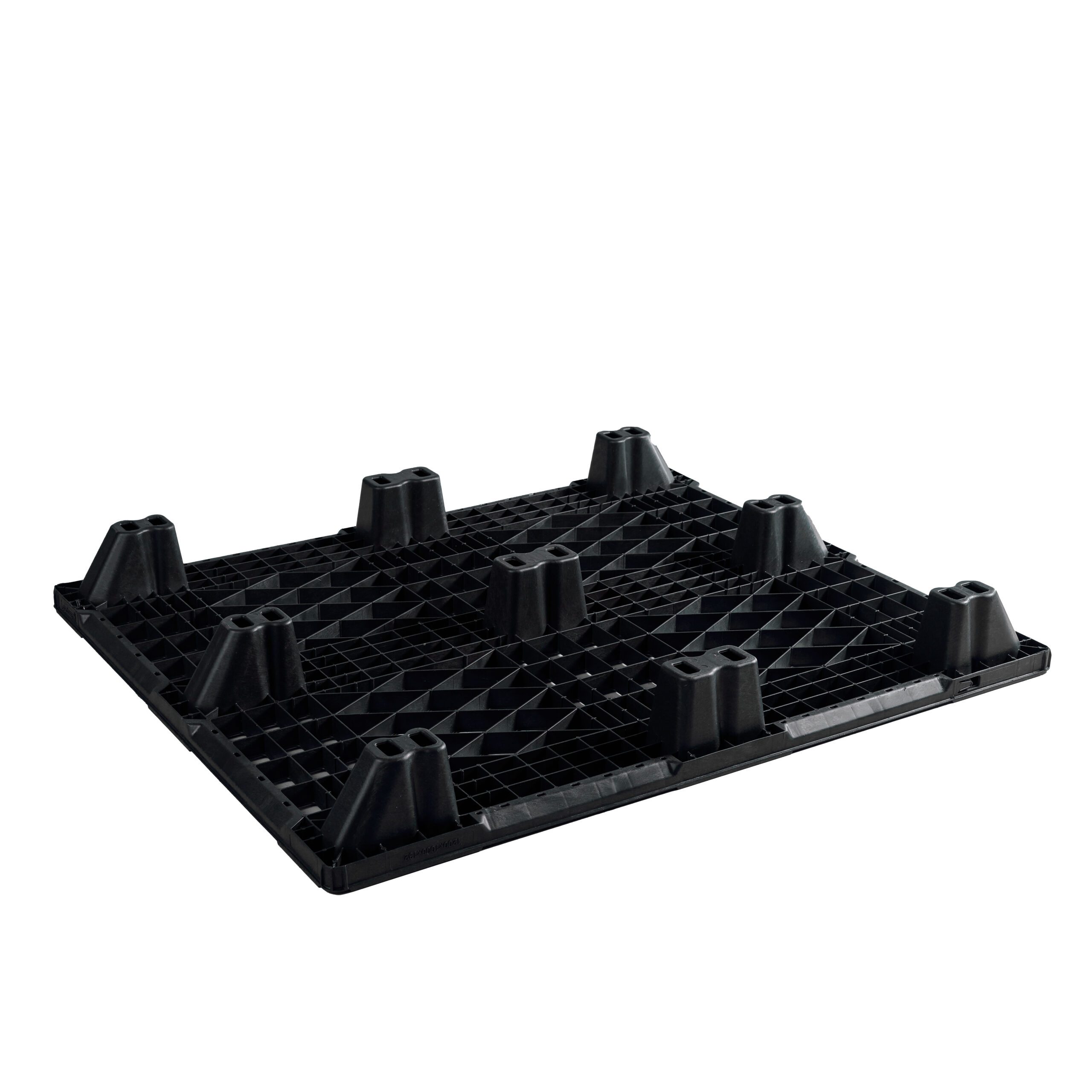 Modelo 002554 de palets de plástico reciclado de fijaplast visto desde abajo, mostrando sus 9 pies
