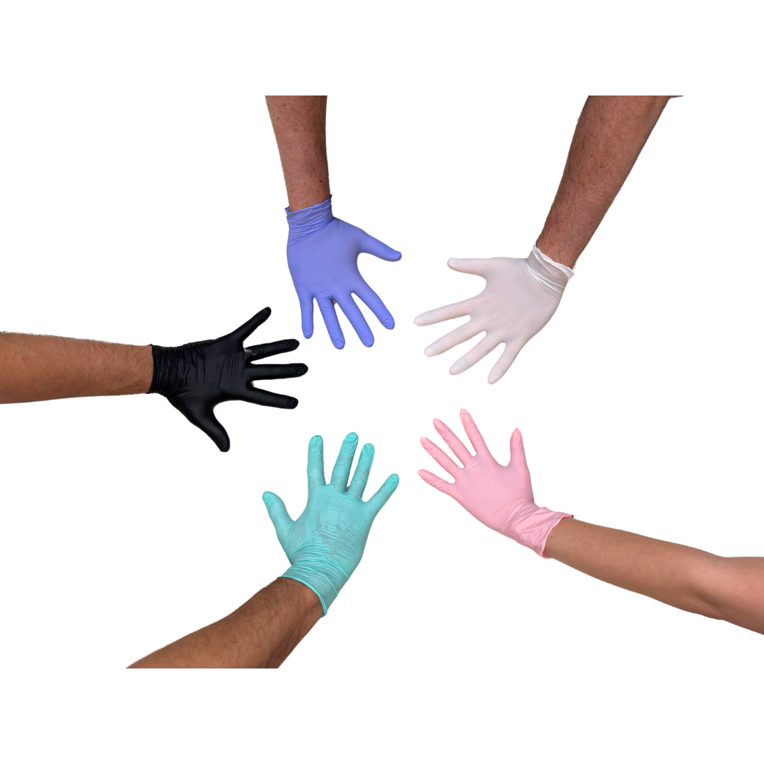 Guantes nitrilo de colores azul blanco rosa verde y negro