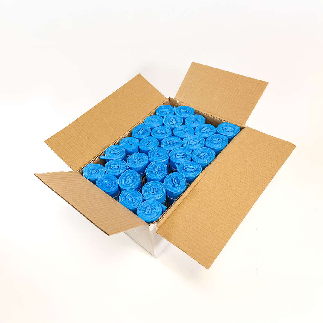 caja de bolsas de basura de 50 litros azul 30 rollos (73331)