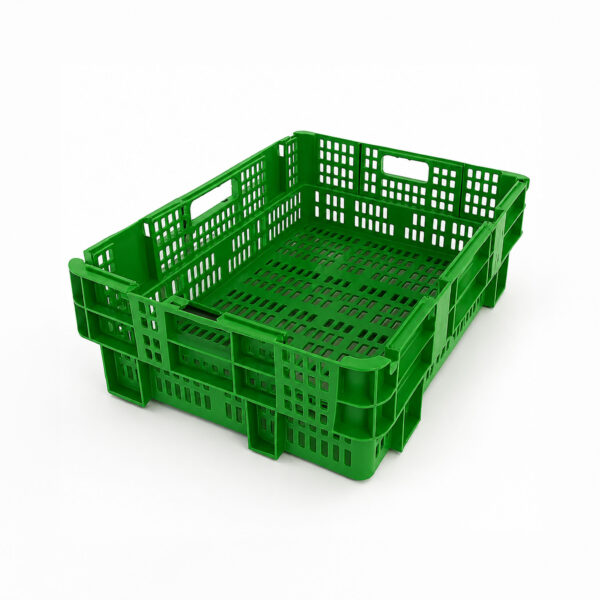Descubre nuestra caja de plástico apilable de 400x300x1200mm. Perfecta para frutas, verduras y carnes con diseño apilable y encajable para maximizar tu espacio