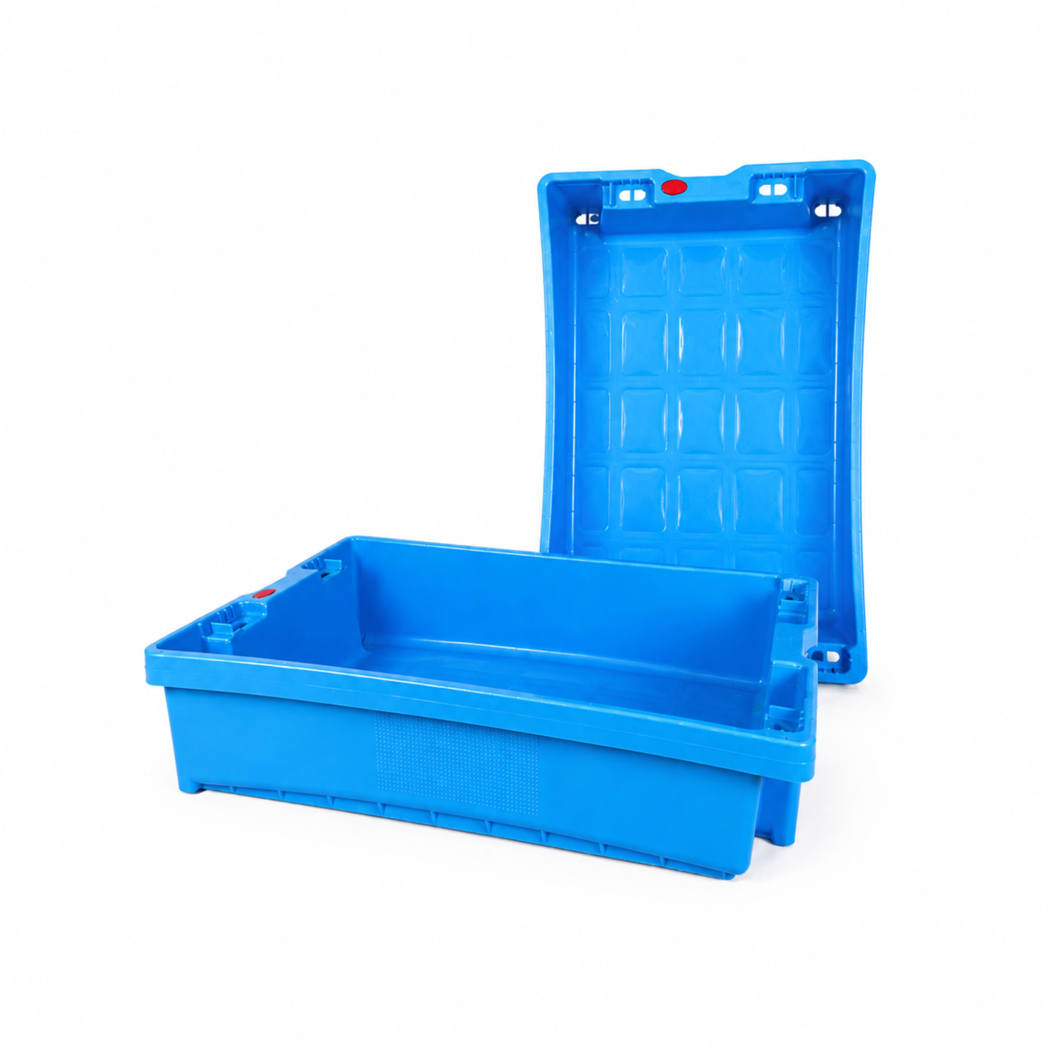 Dos cajas azules alimentarias con desague
